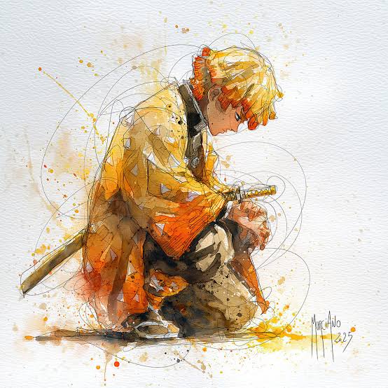Zenitsu agenouillé dans une illustration à l’aquarelle